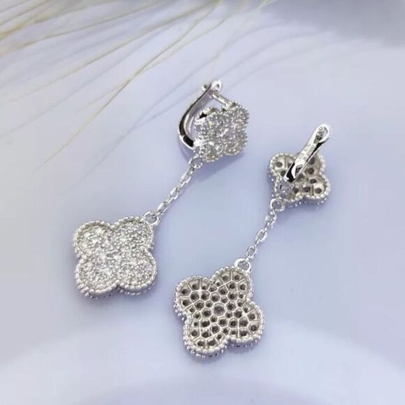 Silver Plated Lucky Alhambra Clover Drop Earrings with Crystal accents w… - Picture 1 of 10